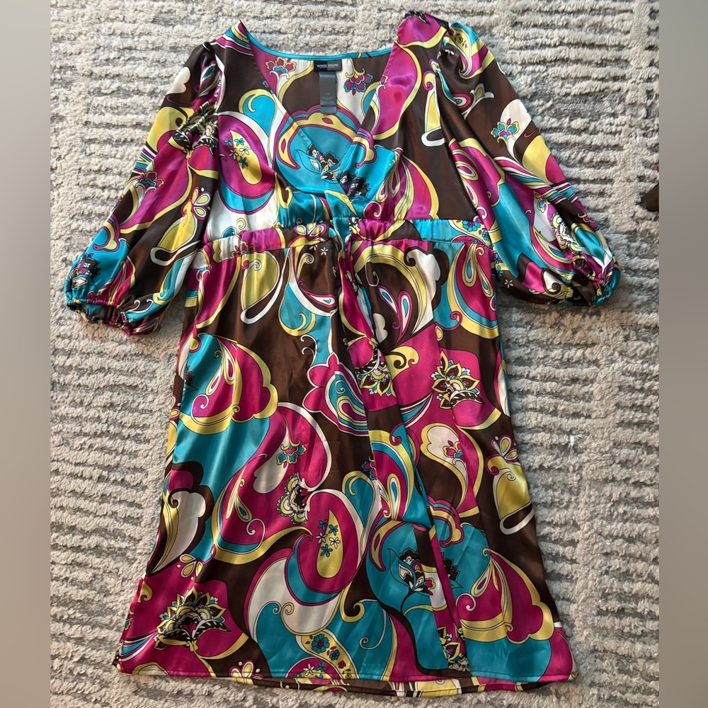 Bisou bisou groovy colorful 70s retro mini dress satin size 10